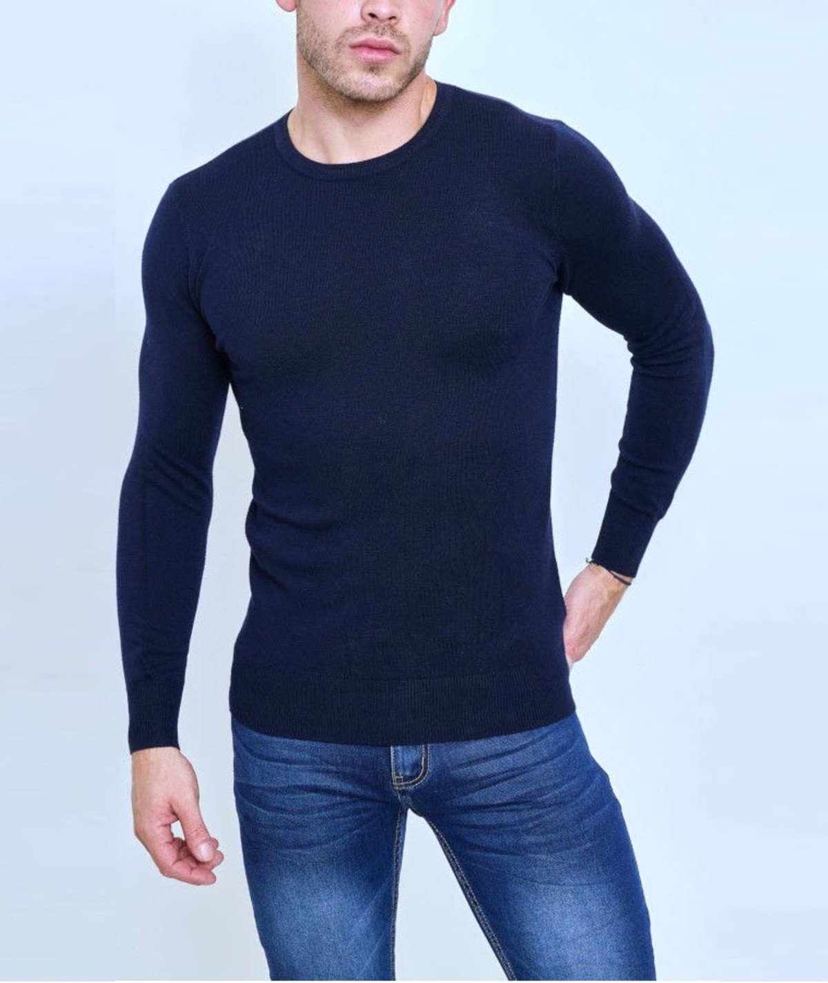 Pull col rond bleu indigo