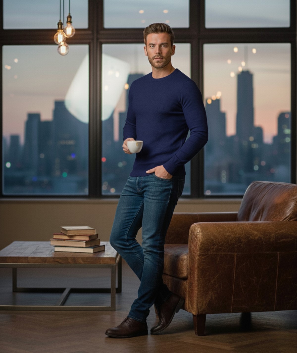 Pull col rond bleu indigo