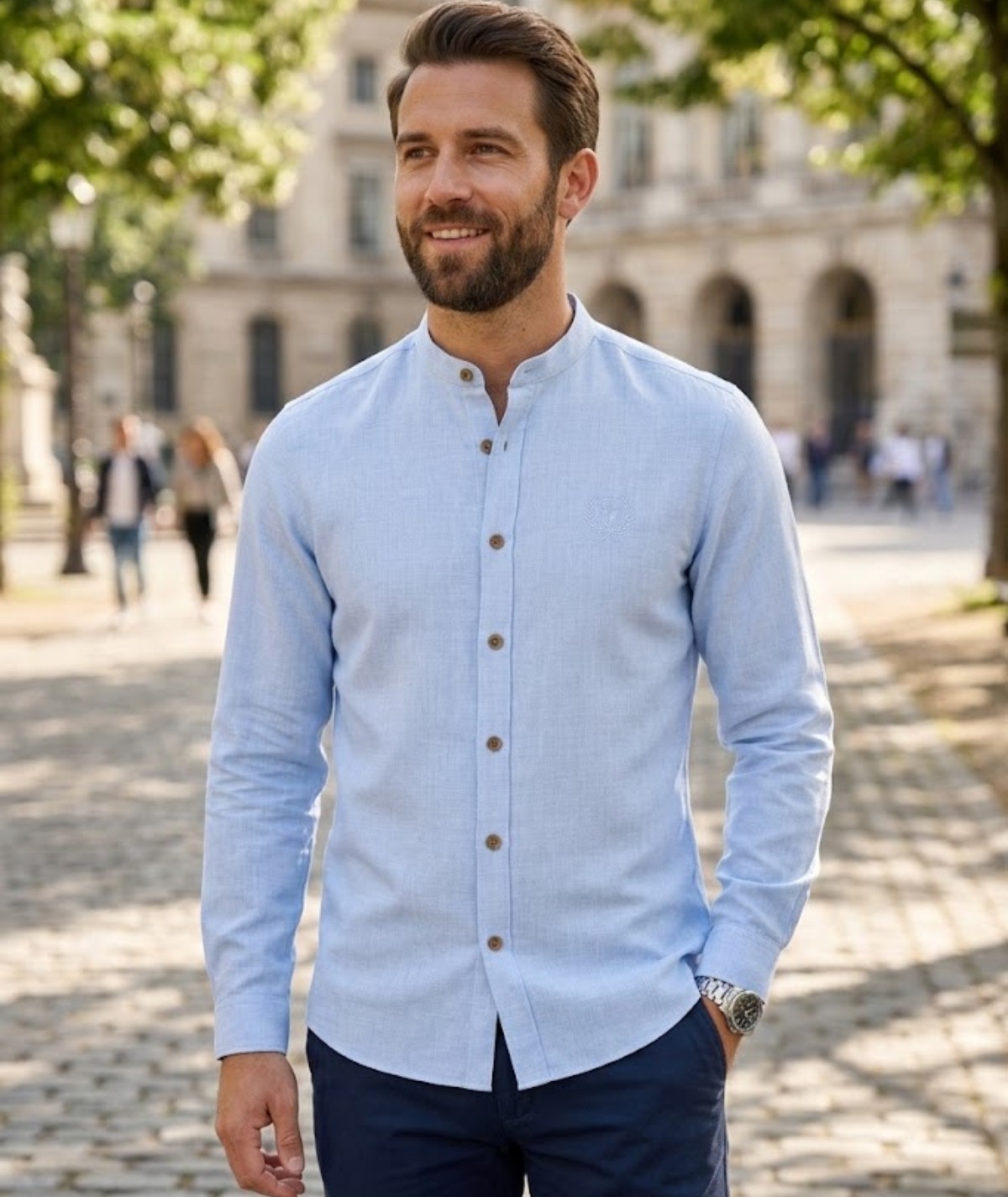 CHEMISE COL MAO BLEU CIEL