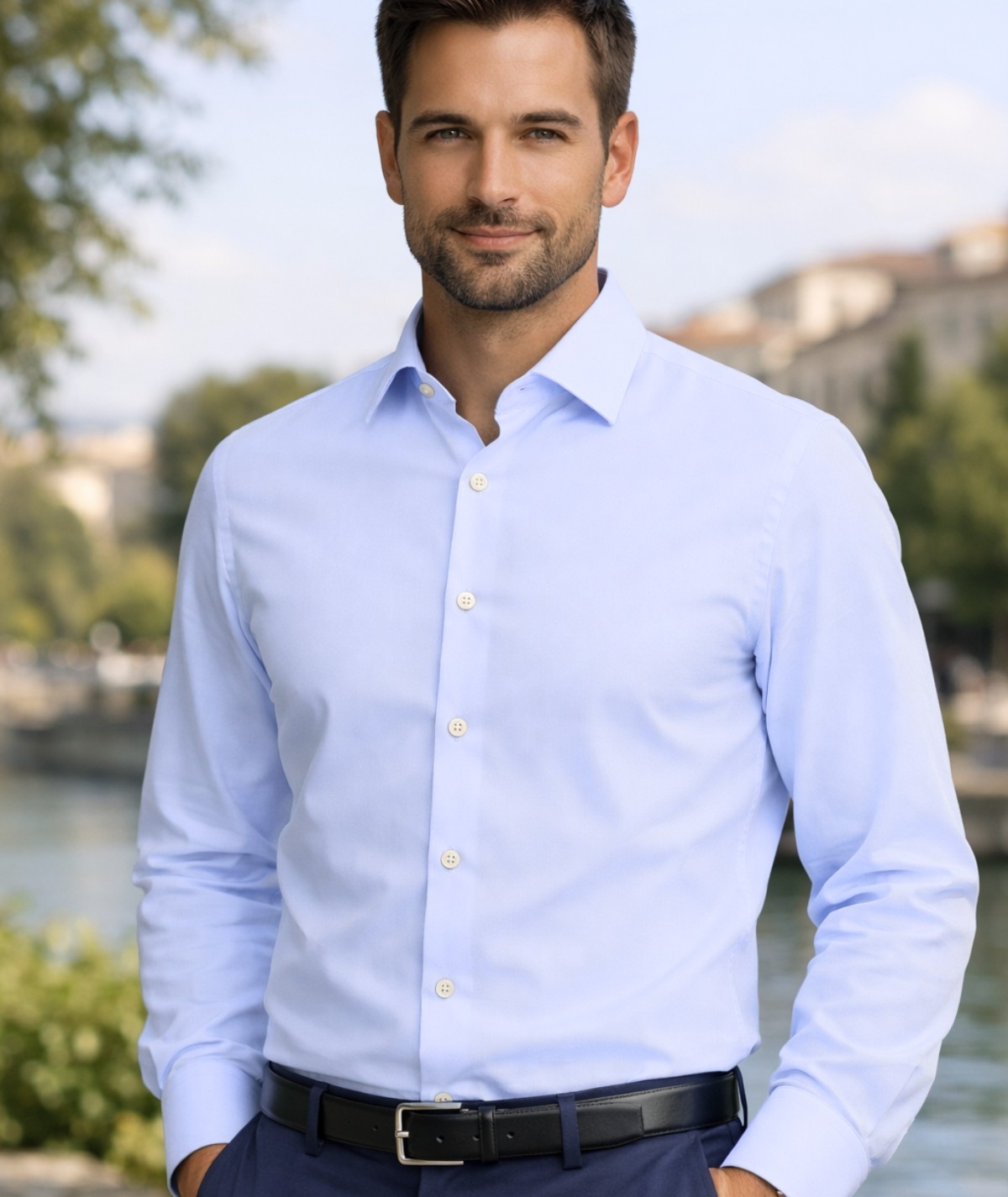 CHEMISE COL ITALIEN BLEU CLAIR